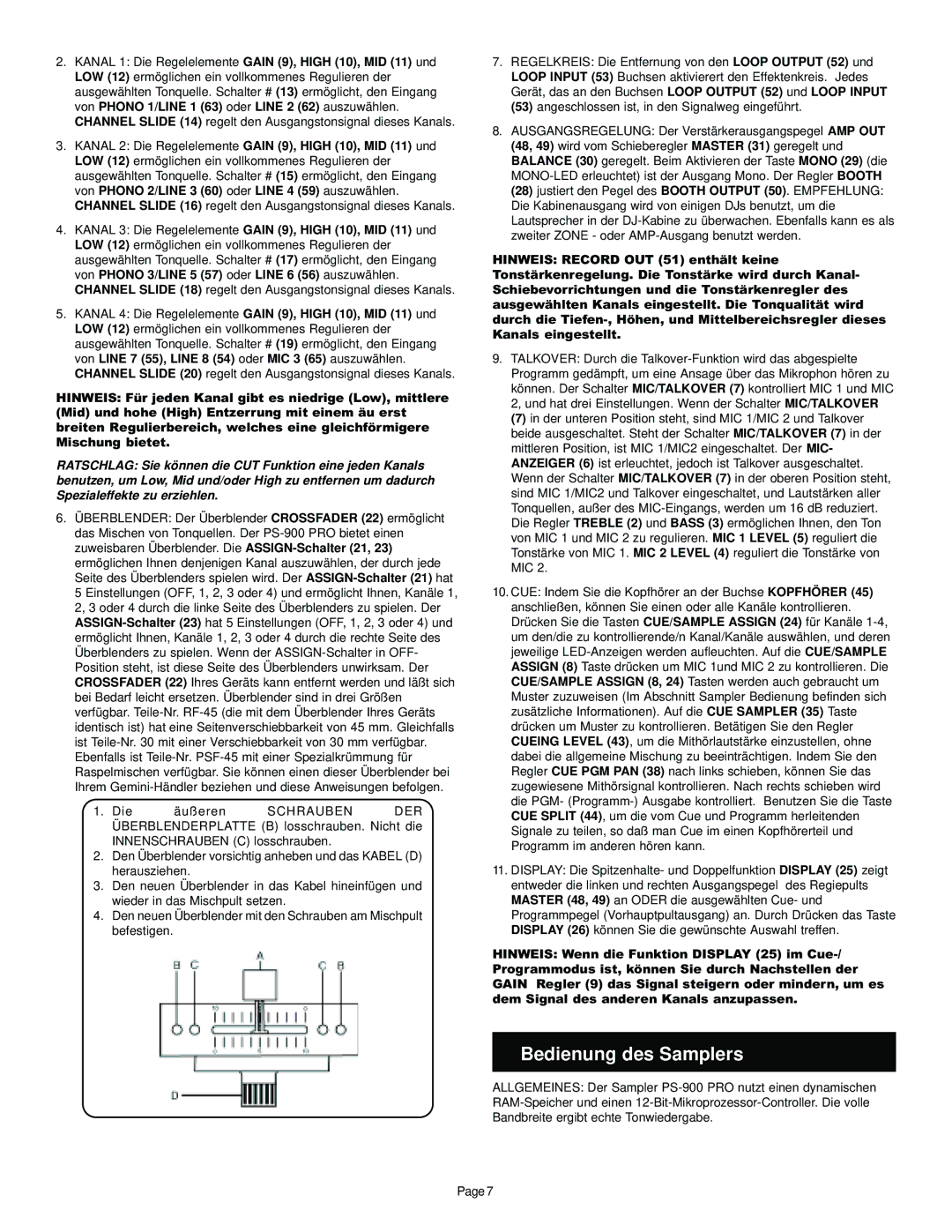 Gemini PS-900 PRO manual Bedienung des Samplers 