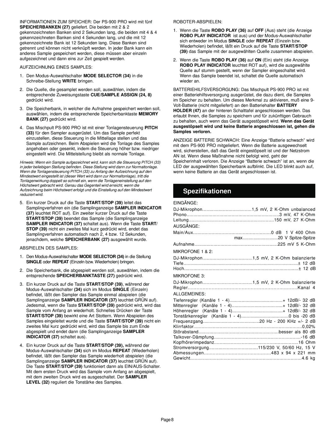 Gemini PS-900 PRO manual Spezifikationen 