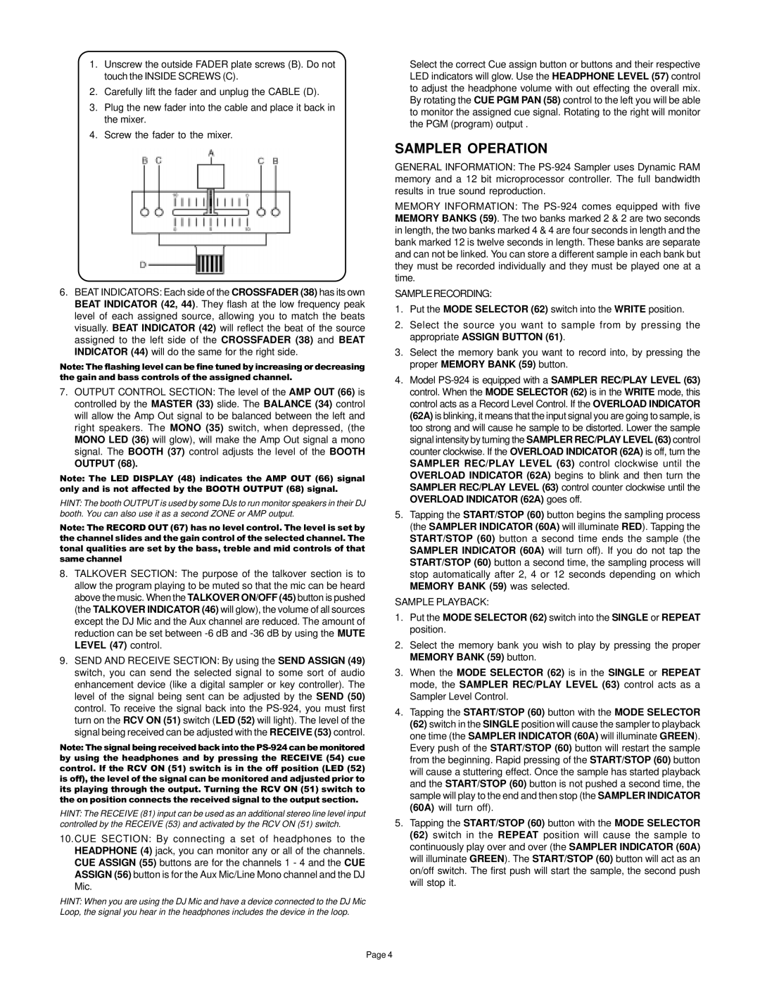 Gemini PS-924 manual Sampler Operation, Samplerecording, Sample Playback 