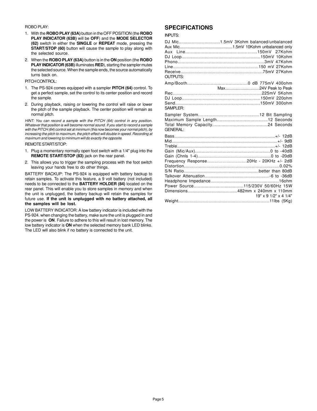 Gemini PS-924 manual Specifications 