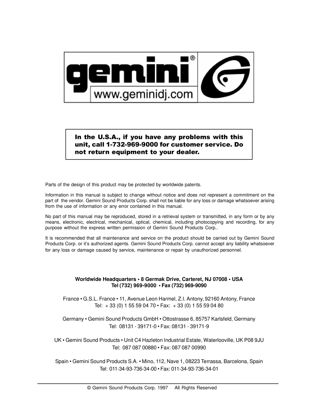 Gemini PS-924 manual Gemini Sound Products Corp All Rights Reserved 