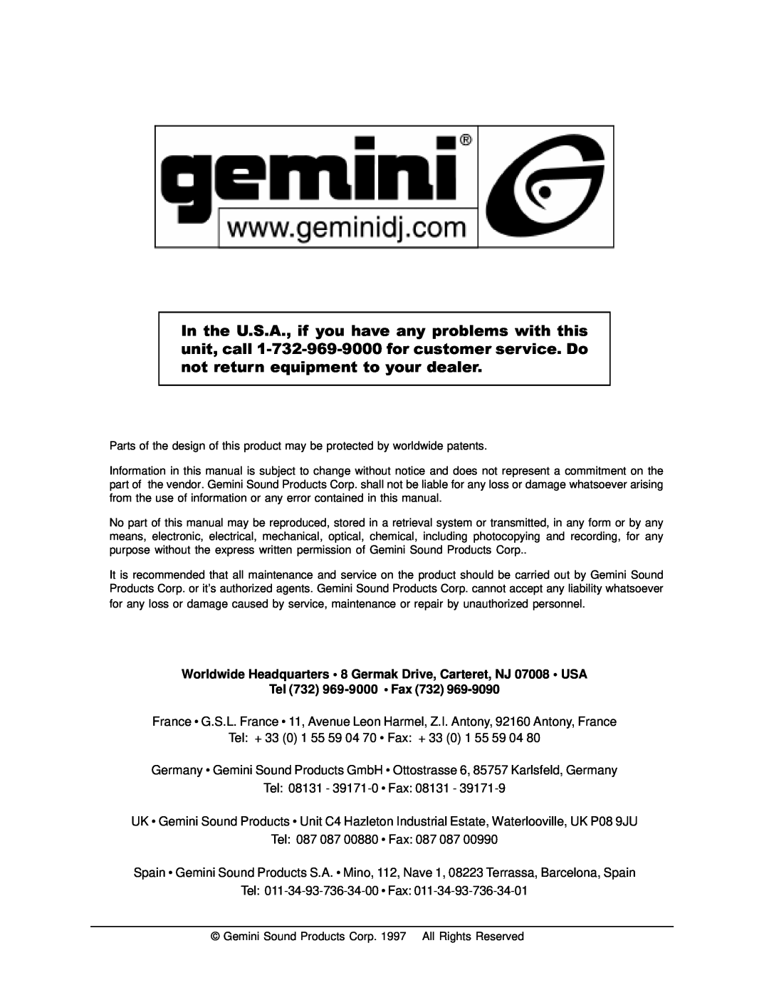 Gemini PS-924 manual Worldwide Headquarters 8 Germak Drive, Carteret, NJ 07008 USA, Tel 732 969-9000 Fax 732 