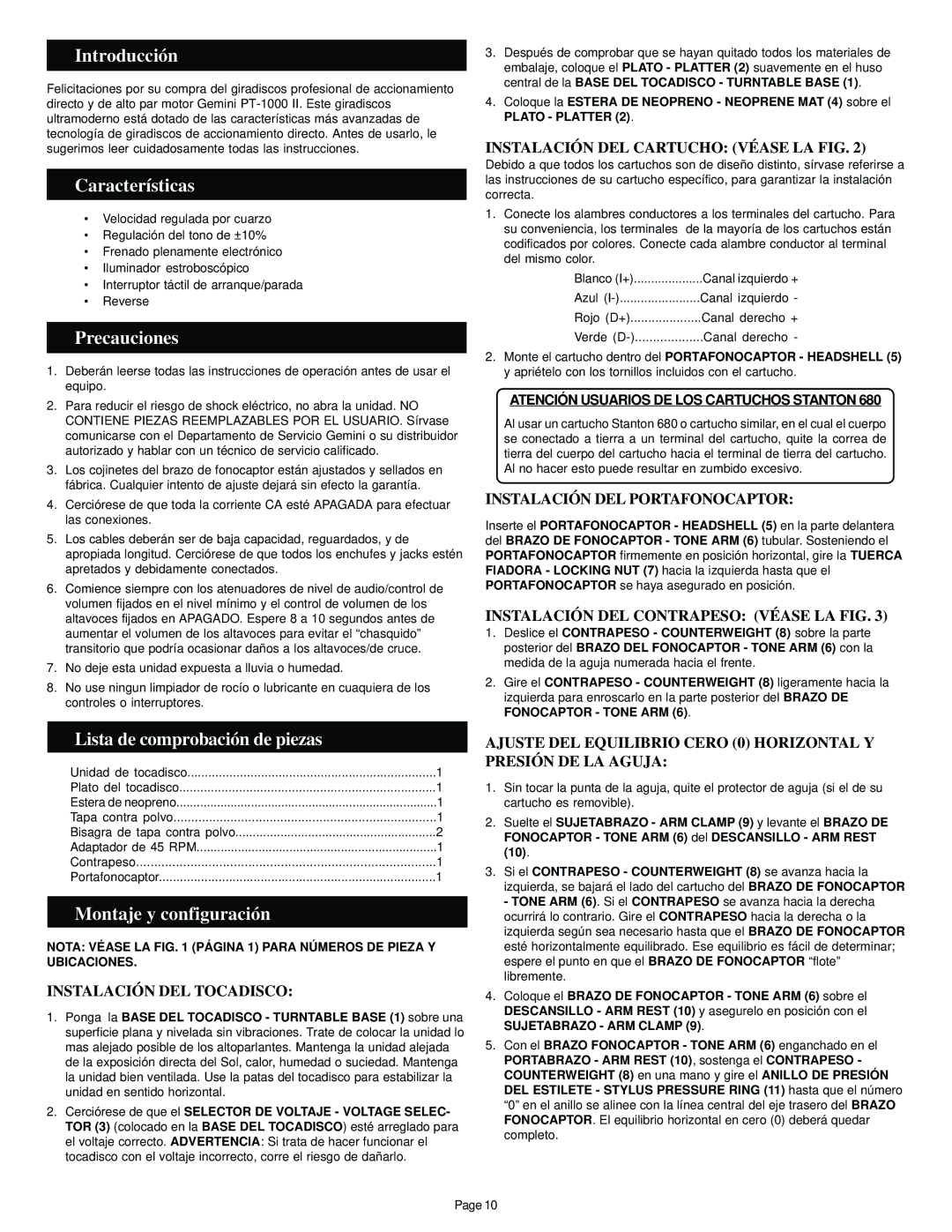 Gemini PT-1000 II Introducción, Características, Precauciones, Lista de comprobación de piezas, Montaje y configuración 