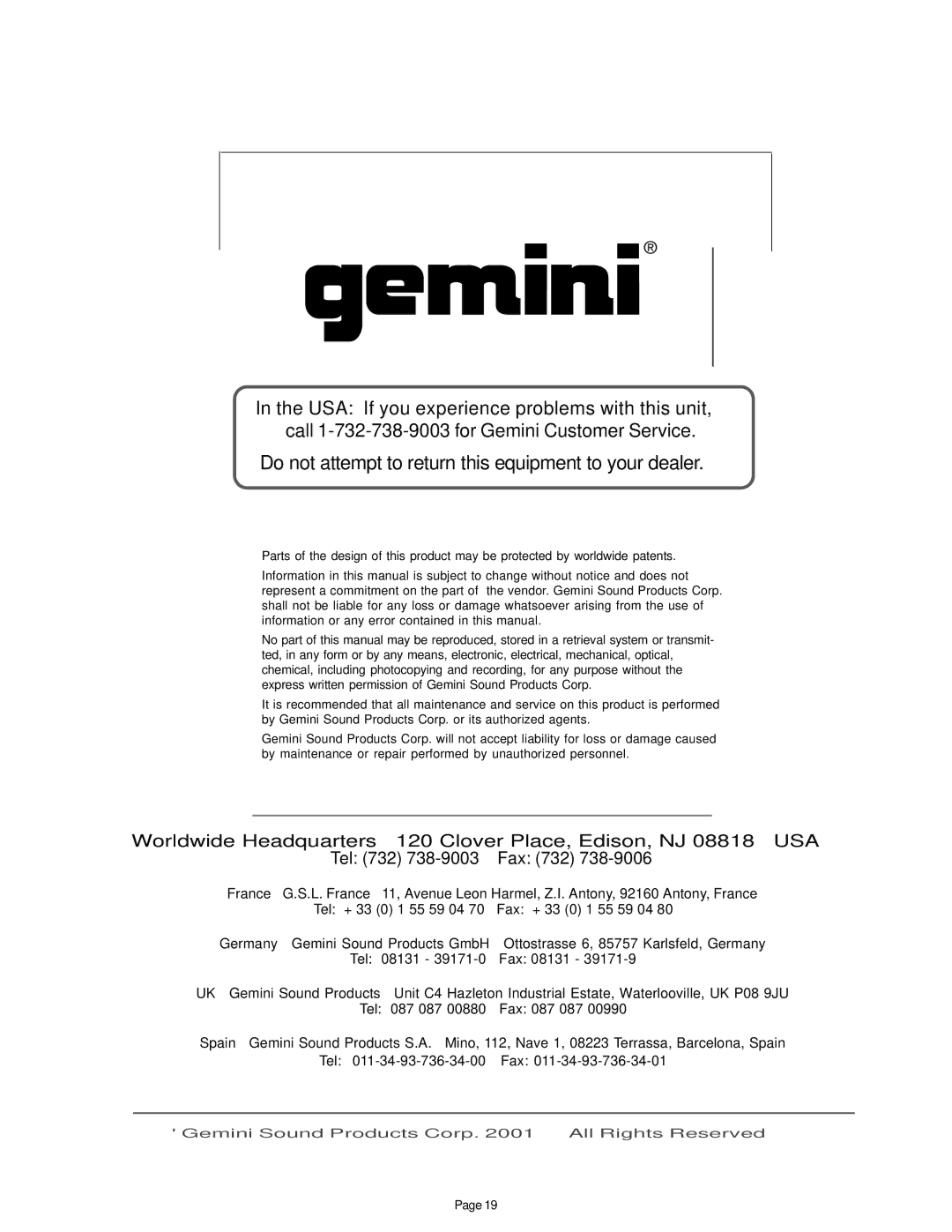 Gemini PT-1000 II manual Do not attempt to return this equipment to your dealer 