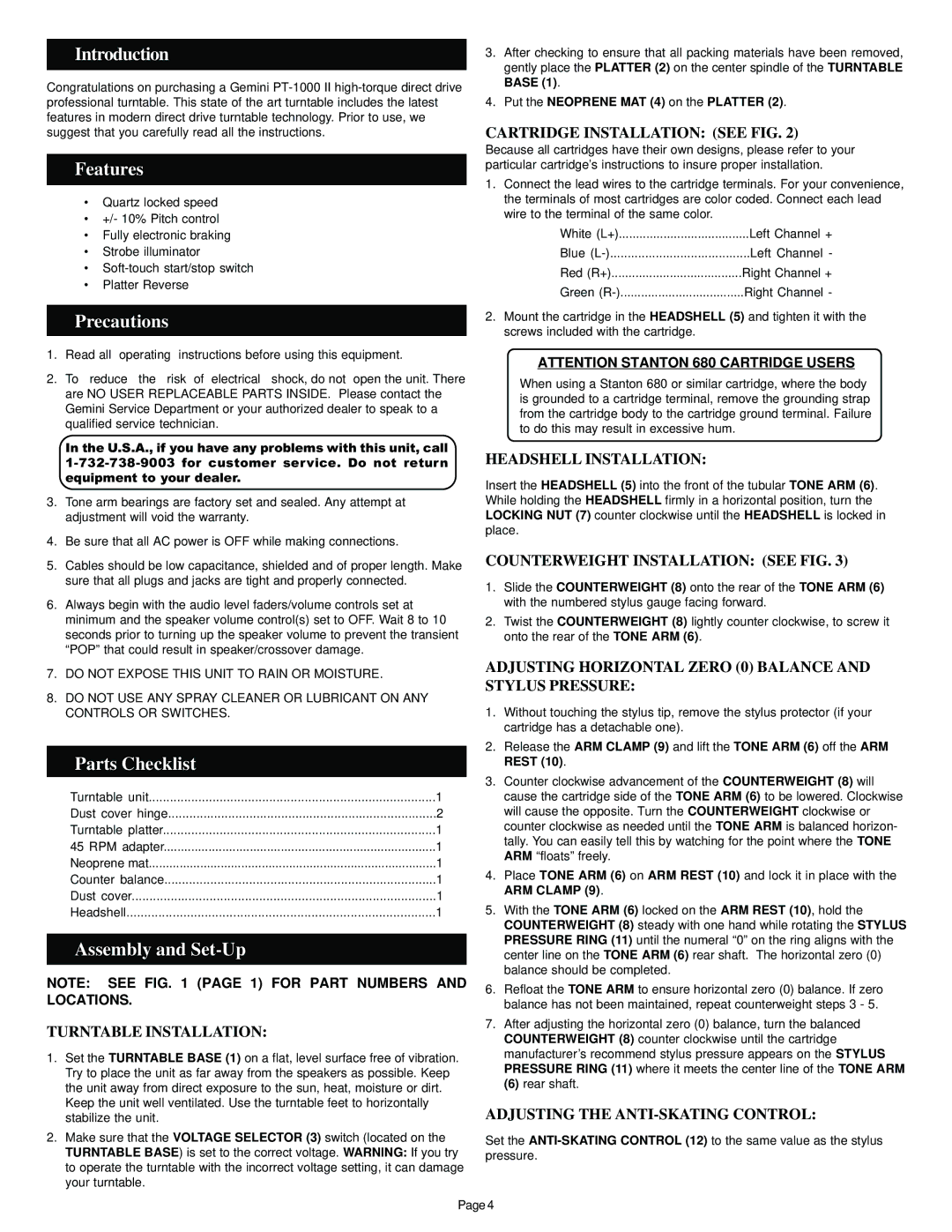 Gemini PT-1000 II manual Introduction, Features, Precautions, Parts Checklist, Assembly and Set-Up 