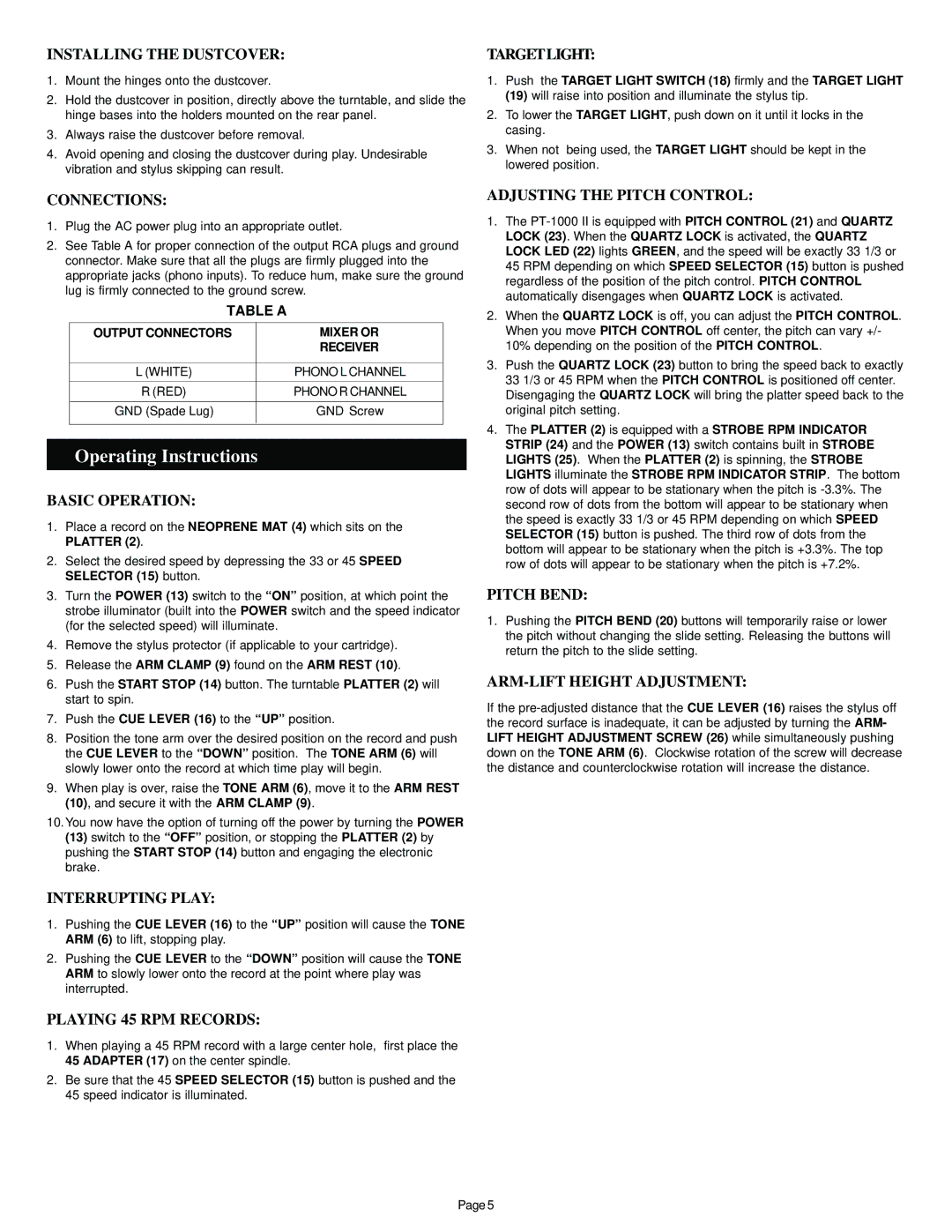 Gemini PT-1000 II manual Operating Instructions 