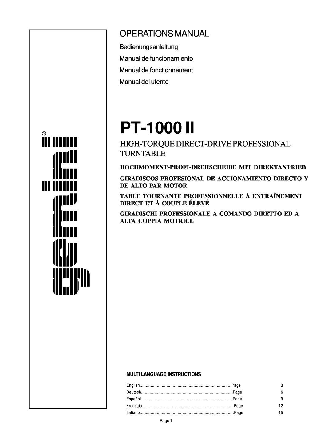 Gemini PT-1000 II manual Bedienungsanleltung Manual de funcionamiento, Manual de fonctionnement Manual del utente 