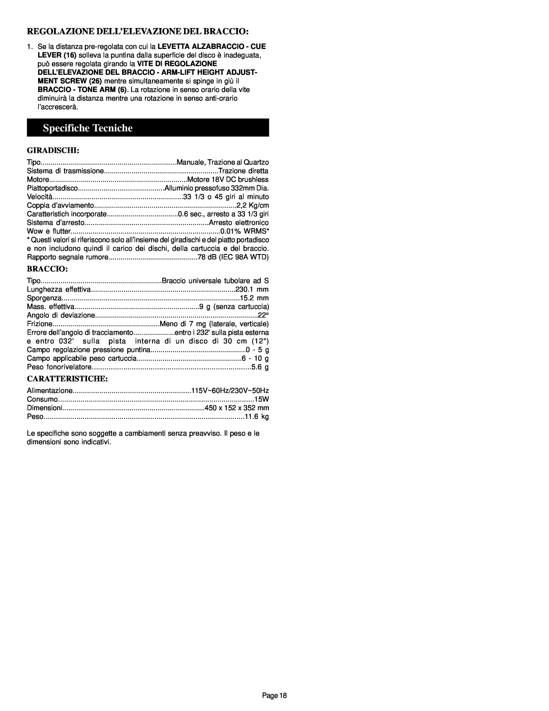 Gemini PT-1000 II manual Specifiche Tecniche, Regolazione Dell’Elevazione Del Braccio, Giradischi, Caratteristiche 