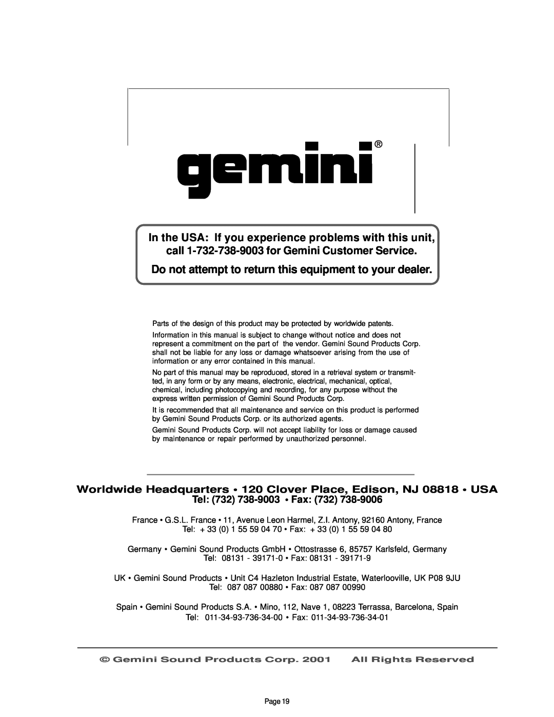 Gemini PT-1000 II manual call 1-732-738-9003for Gemini Customer Service, Tel 732 738-9003 Fax 