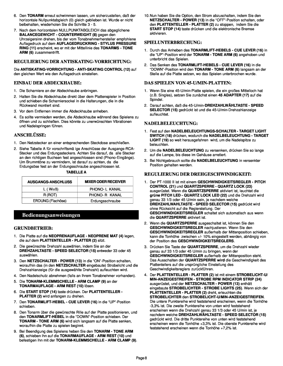 Gemini PT-1000 II manual Bedienungsanweisungen, Regulierung Der Antiskating-Vorrichtung, Spielunterbrechung, Anschlüsse 