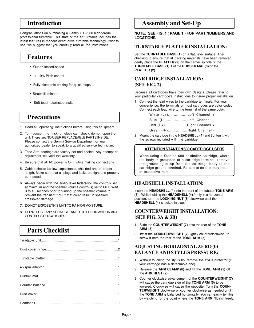 Gemini PT-2000 instruction manual Introduction, Features, Precautions, Parts Checklist, Assembly and Set-Up 