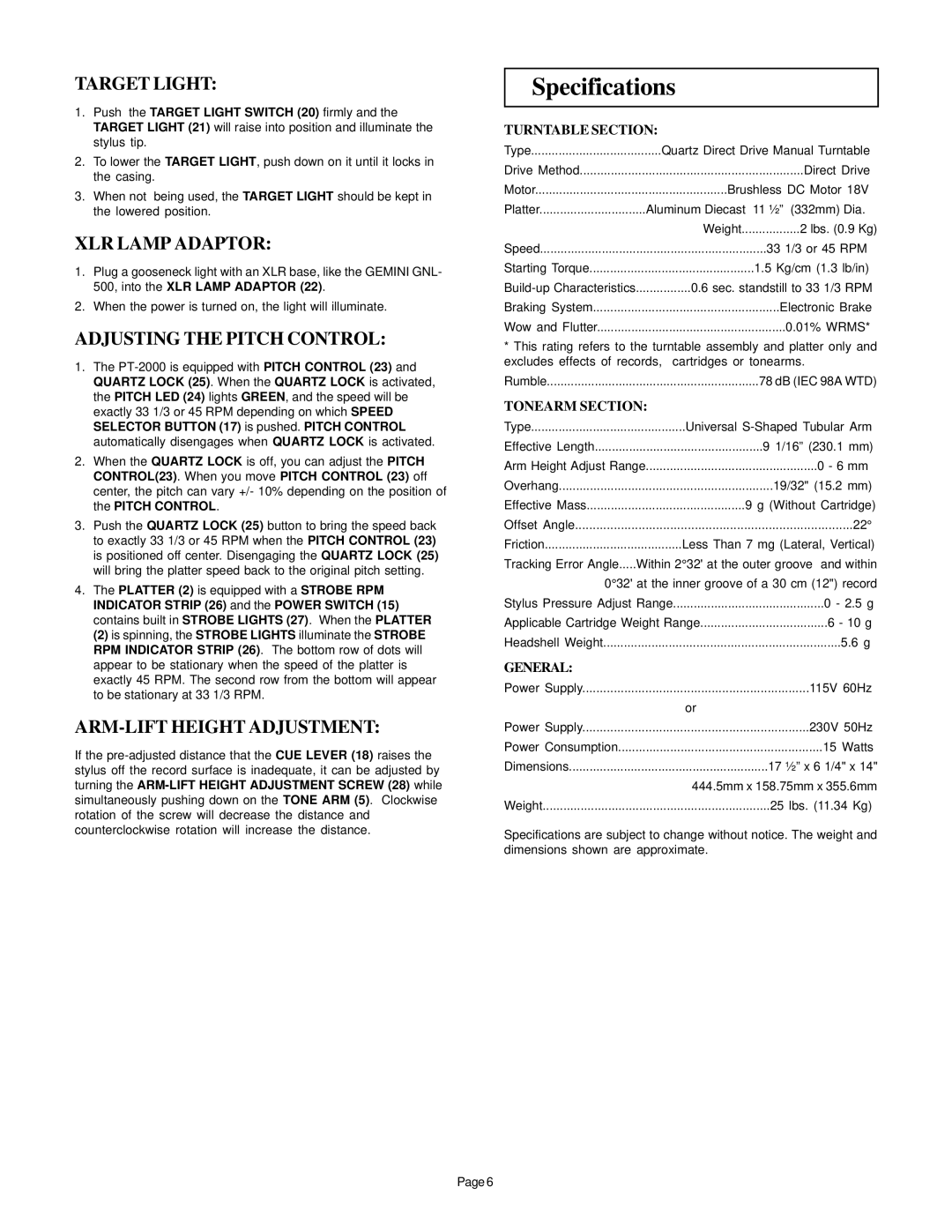 Gemini PT-2000 Specifications, Target Light, XLR Lamp Adaptor, Adjusting the Pitch Control, ARM-LIFT Height Adjustment 
