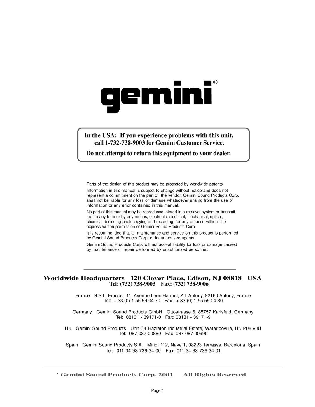 Gemini PT-2000 instruction manual Do not attempt to return this equipment to your dealer 