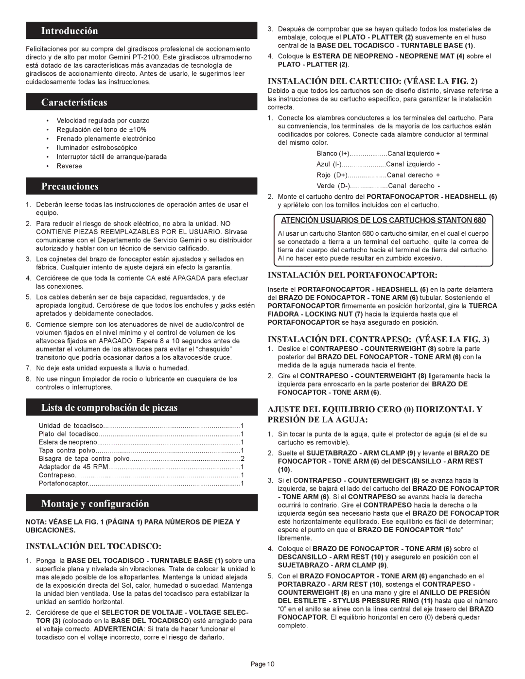 Gemini PT 2100 manual Introducción, Características, Precauciones, Lista de comprobación de piezas, Montaje y configuración 