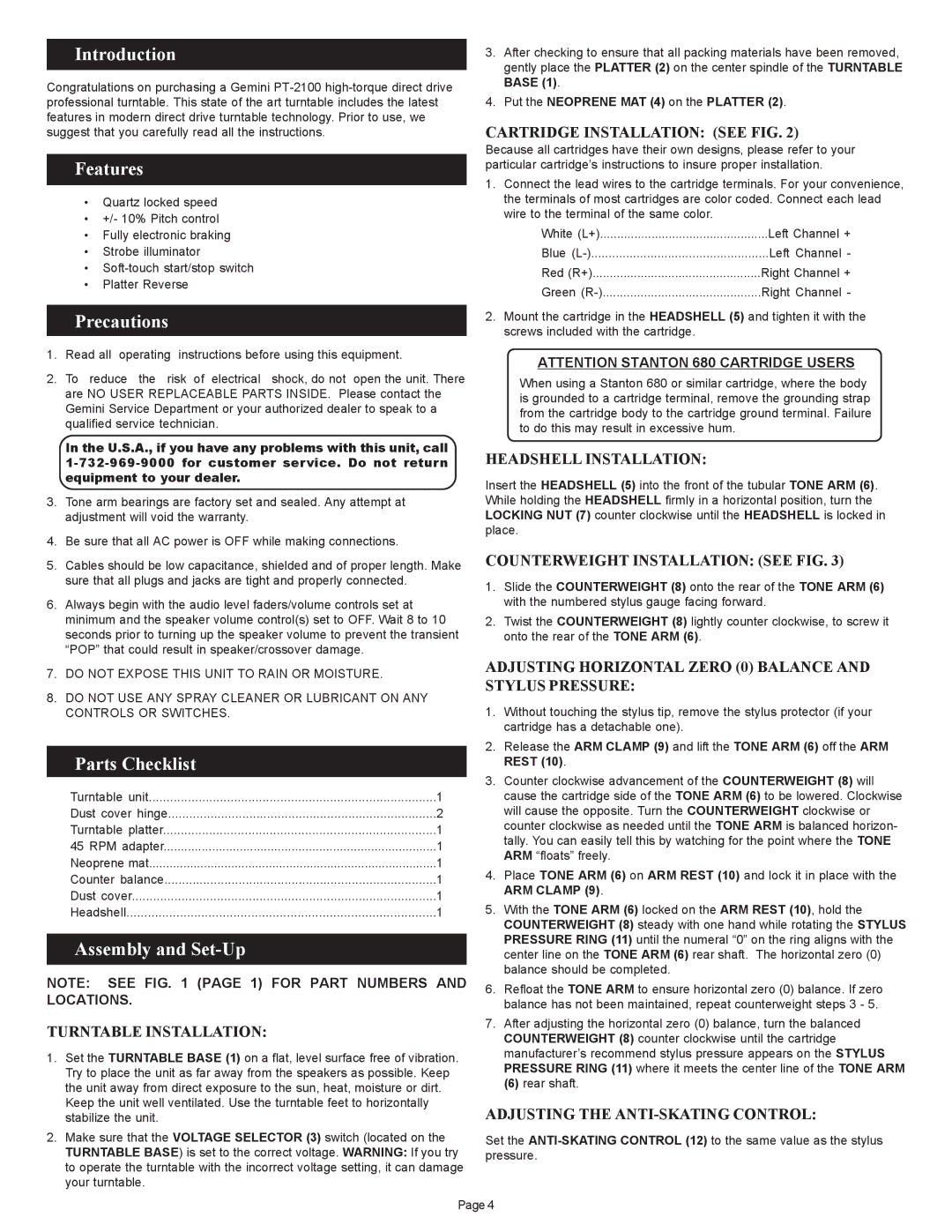 Gemini PT 2100 manual Introduction, Features, Precautions, Parts Checklist, Assembly and Set-Up 