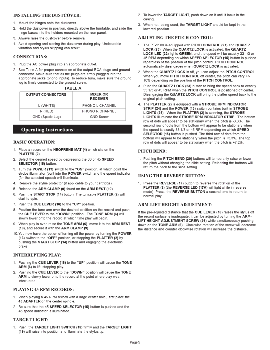 Gemini PT 2100 manual Operating Instructions 