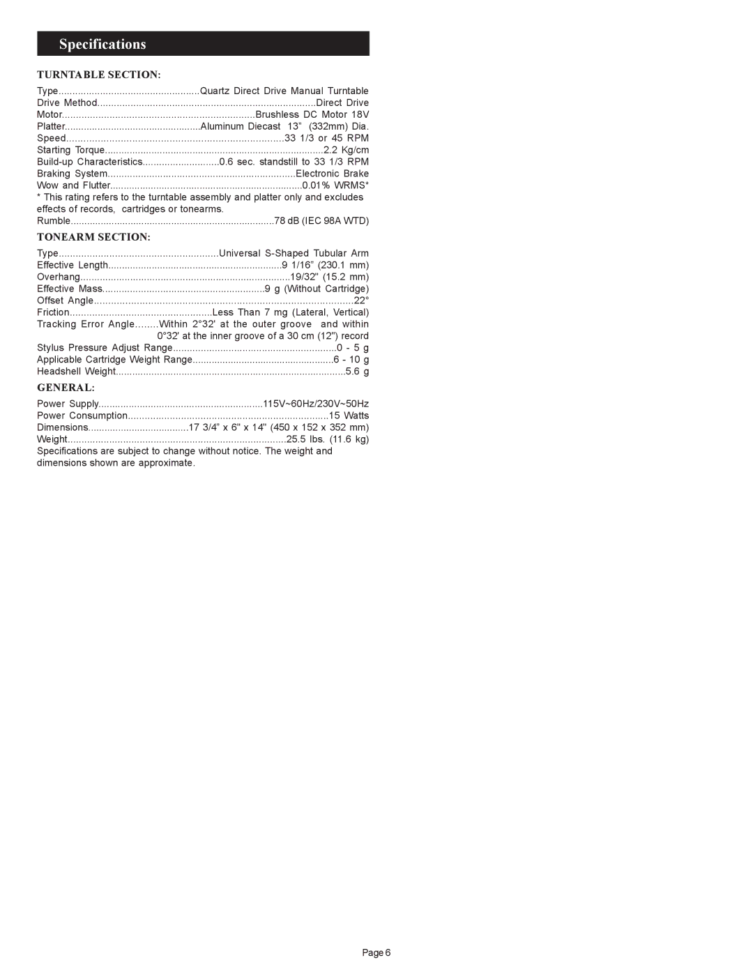 Gemini PT 2100 manual Specifications, Turntable Section, Tonearm Section, General 