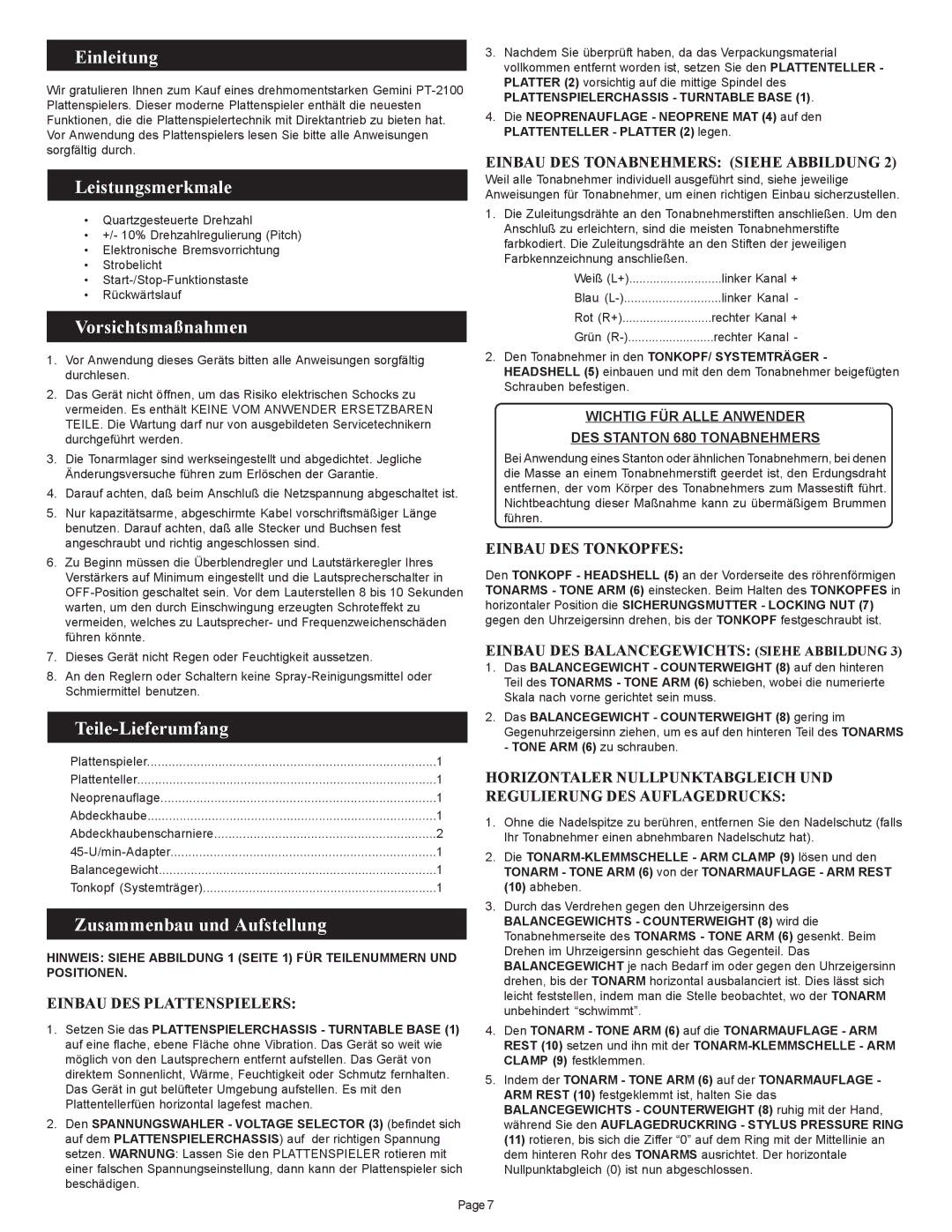 Gemini PT 2100 manual Einleitung, Leistungsmerkmale, Vorsichtsmaßnahmen, Teile-Lieferumfang, Zusammenbau und Aufstellung 