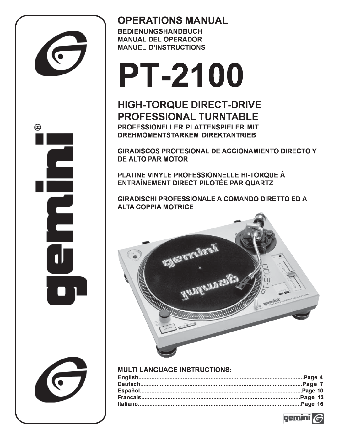 Gemini PT 2100 manual PT-2100, Operations Manual, High-Torque Direct-Drive Professional Turntable 