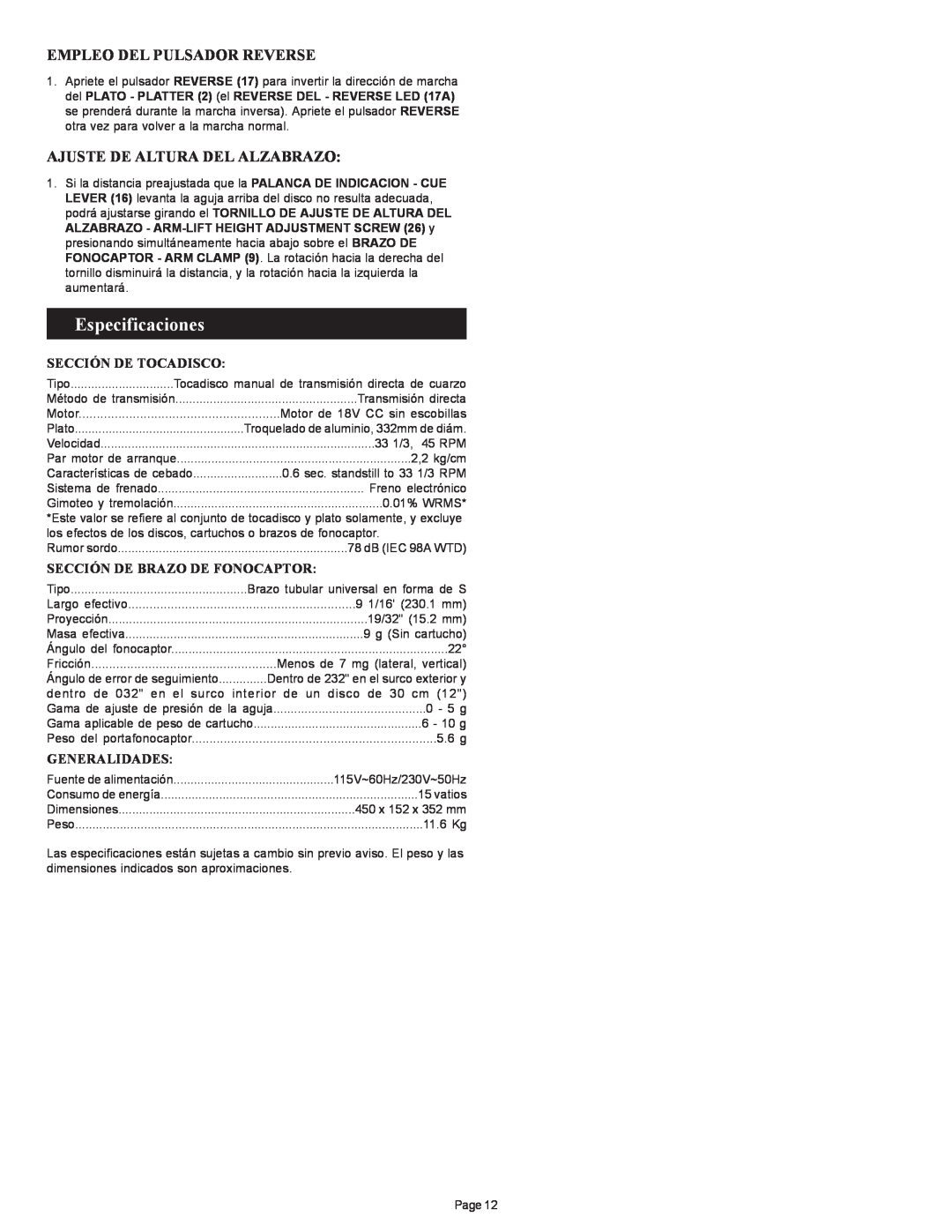 Gemini PT 2100 manual Especificaciones, Empleo Del Pulsador Reverse, Ajuste De Altura Del Alzabrazo, Sección De Tocadisco 