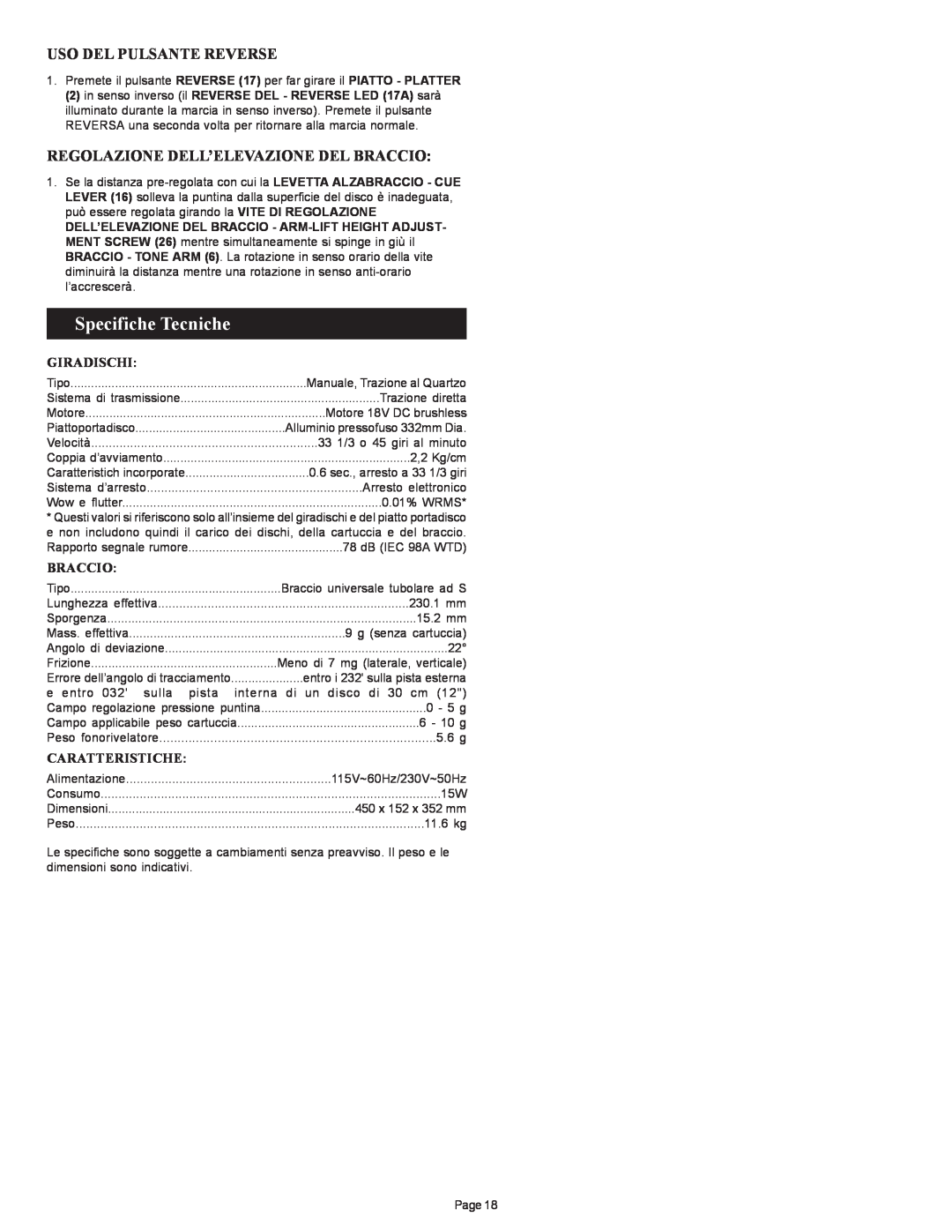 Gemini PT 2100 manual Specifiche Tecniche, Uso Del Pulsante Reverse, Regolazione Dell’Elevazione Del Braccio, Giradischi 