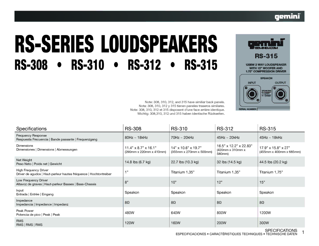 Gemini RS-310, RS-308, RS-312, RS-315 specifications Specifications, Rms Rms Rms 