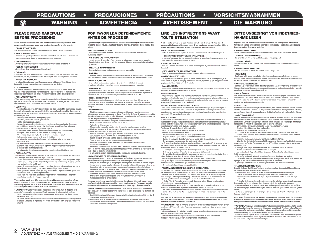 Gemini RS-312, RS-308, RS-310, RS-315 specifications Precautions Precauciones Précautions 