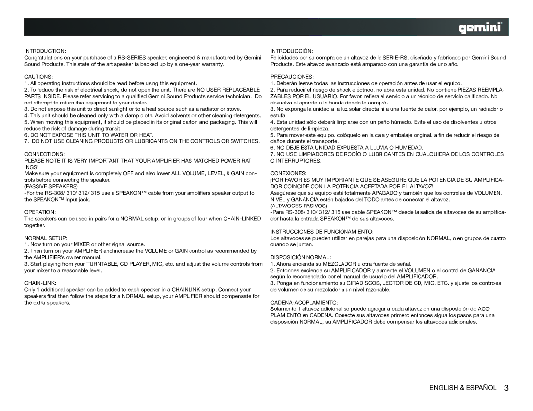 Gemini RS-315, RS-308, RS-310, RS-312 specifications English & Español 
