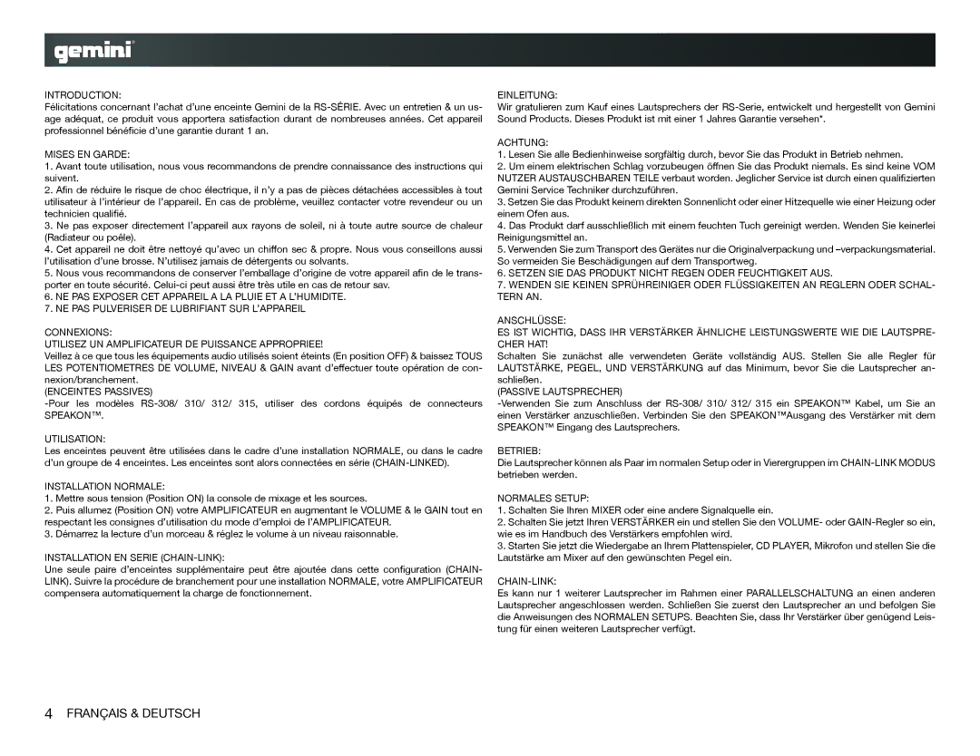 Gemini RS-308, RS-310, RS-312, RS-315 specifications Français & Deutsch 