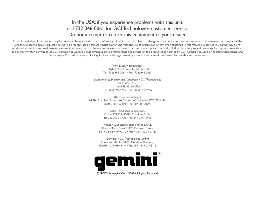 Gemini RS-315, RS-308, RS-310, RS-312 specifications Worldwide Headquarters 