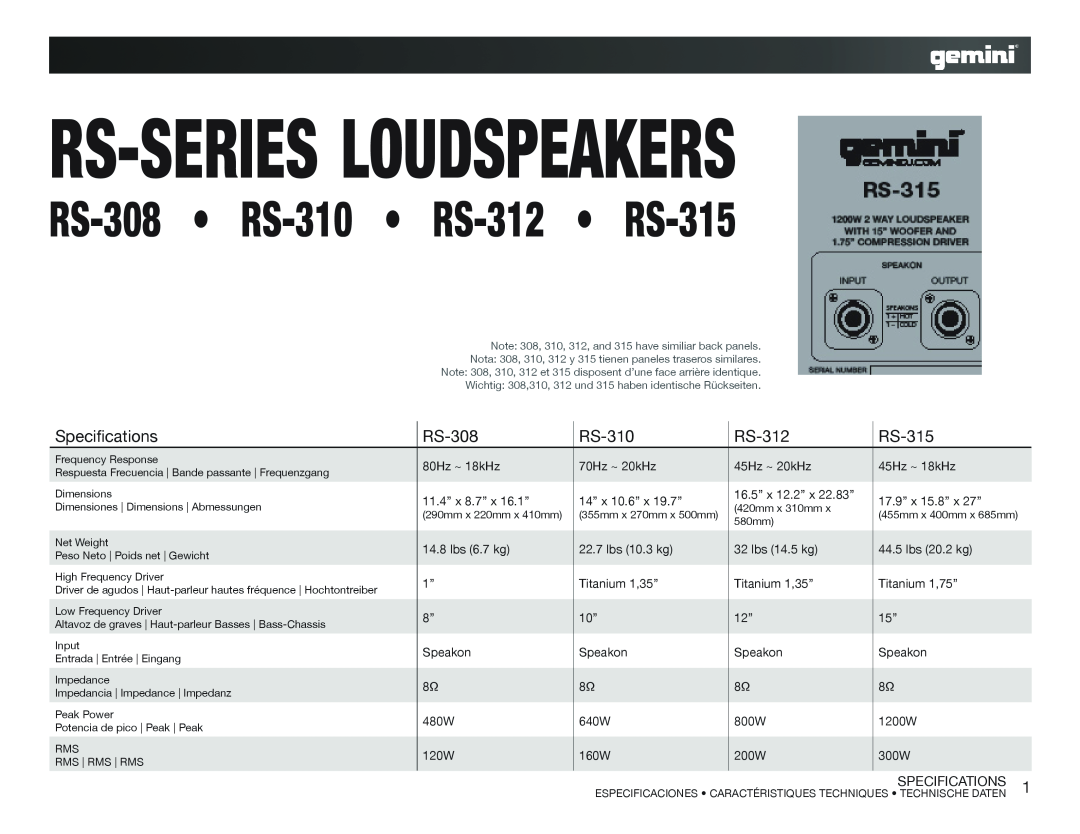 Gemini specifications Specifications, Rs-Seriesloudspeakers, RS-308 RS-310 RS-312 RS-315 