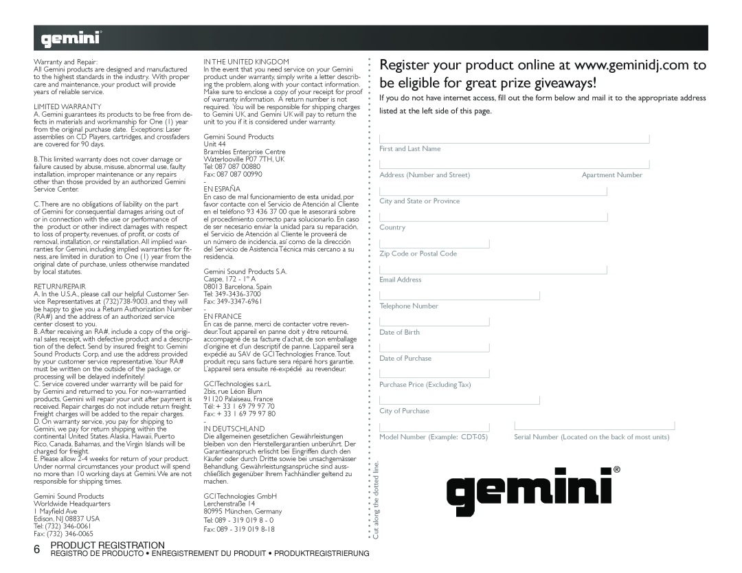 Gemini RS-312 Product Registration, First and Last Name, Address Number and Street, City and State or Province Country 