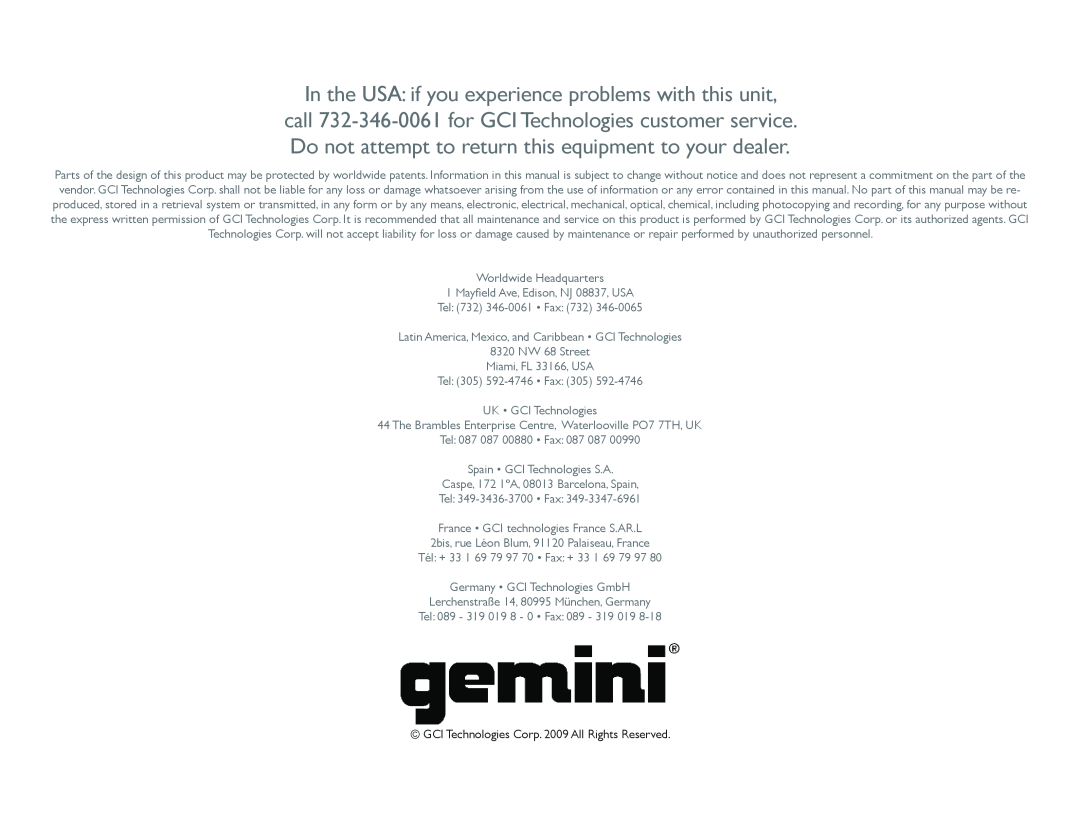 Gemini RS-315, RS-308, RS-310, RS-312 specifications GCI Technologies Corp. 2009 All Rights Reserved 