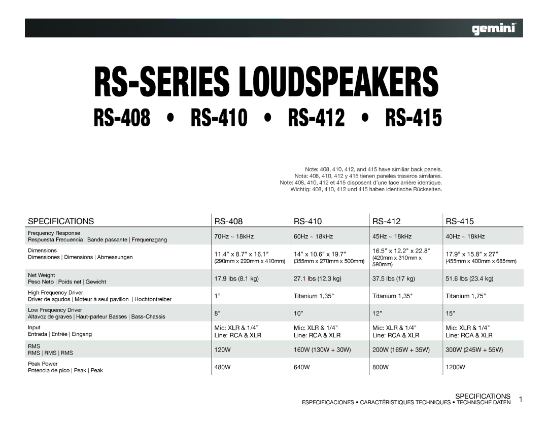 Gemini RS-408, RS-415, RS-412, RS-410 specifications Rms Rms Rms 