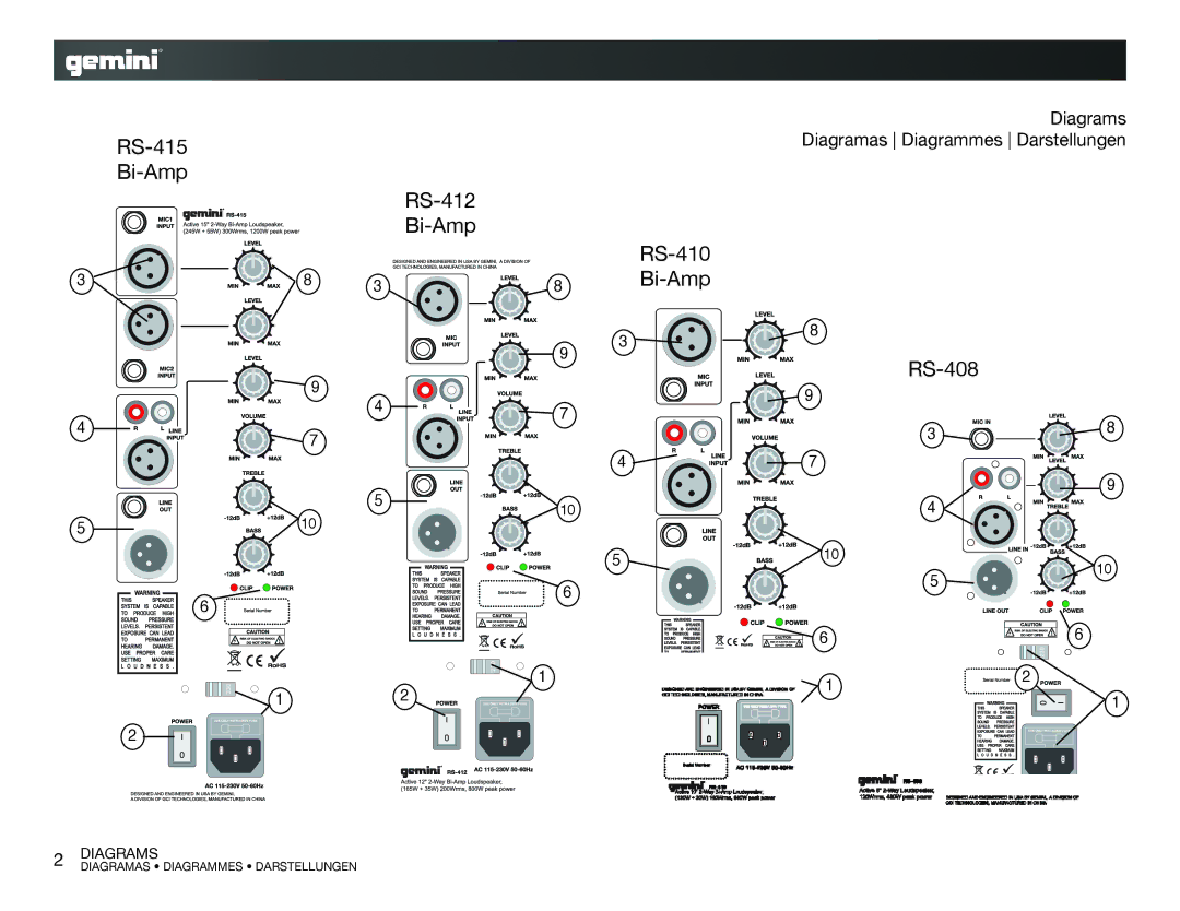 Gemini RS-415 specifications Bi-Amp RS-412 RS-410 RS-408, Diagramas Diagrammes Darstellungen 