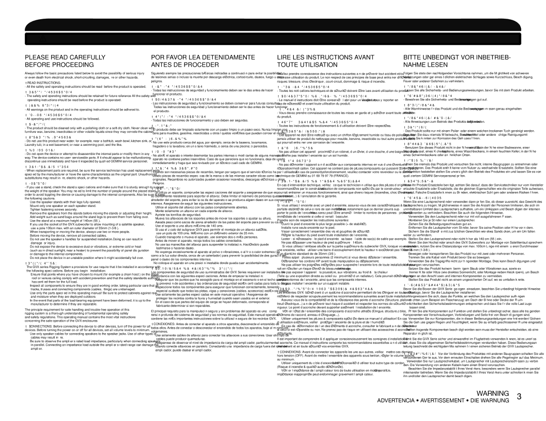 Gemini RS-410, RS-415 Precautions Precauciones Précautions VORSICHTSMAßNAHMEN, Advertencia Avertissement DIE Warnung 