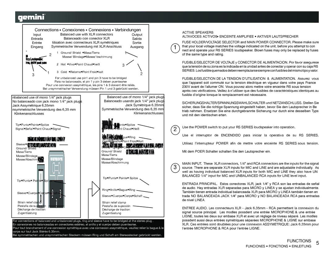 Gemini RS-408 Active Speakers, Altavoces Activos Enceinte Amplifiee Aktiver Lautsprecher, Funciones Fonctions Einleitung 