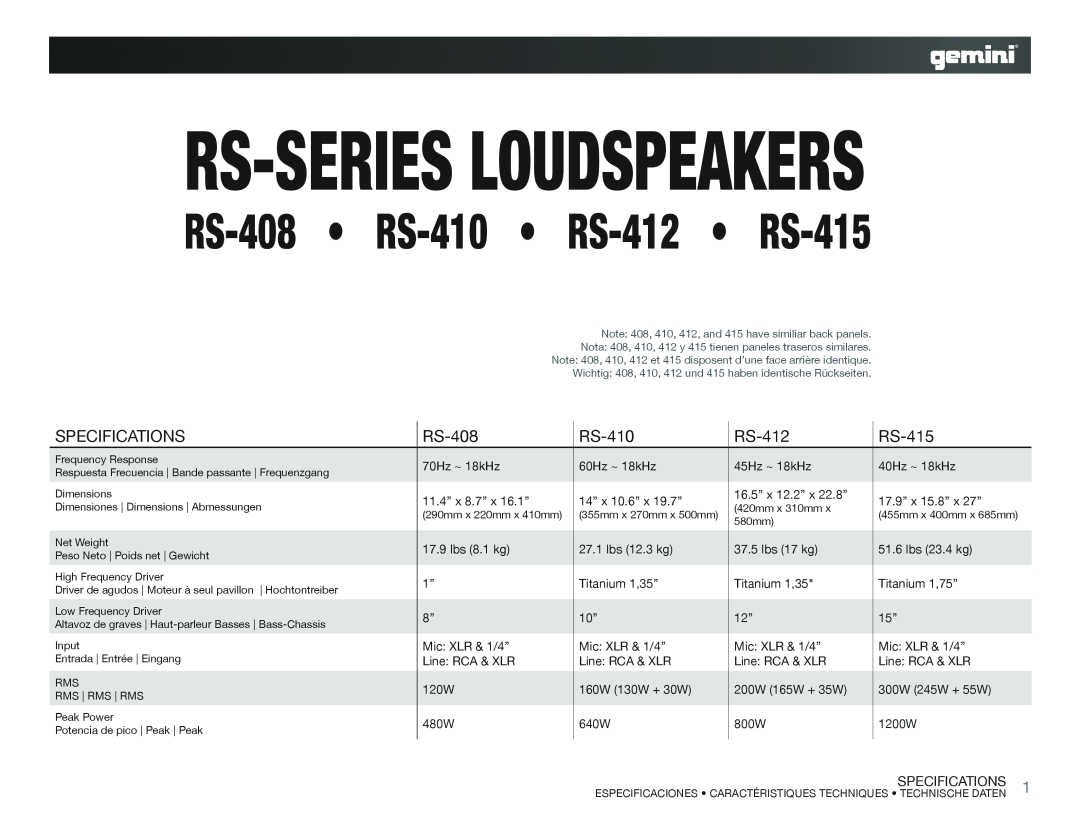 Gemini specifications Rs-Seriesloudspeakers, RS-408 RS-410 RS-412 RS-415, Specifications 