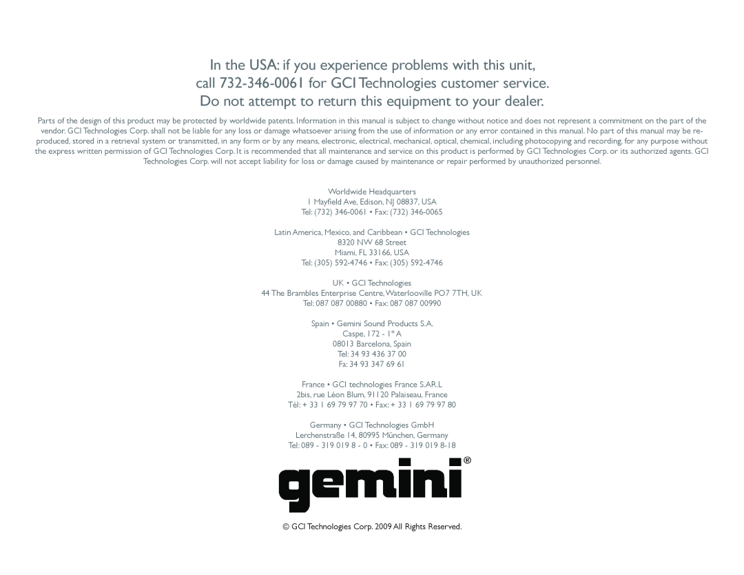 Gemini RS-408, RS-415, RS-412, RS-410 specifications GCI Technologies Corp. 2009 All Rights Reserved 