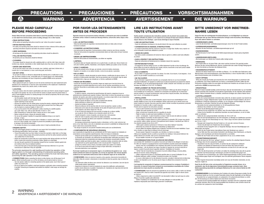 Gemini RS-415USB manual Precautions Precauciones Précautions VORSICHTSMAßNAHMEN, Advertencia Avertissement DIE Warnung 