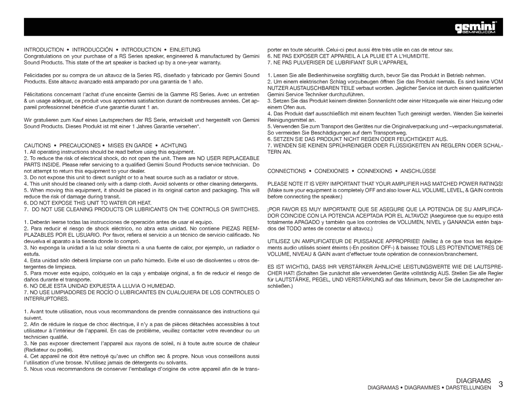 Gemini RS-415USB manual Diagrams, Introduction Introducción Introduction Einleitung, Diagramas Diagrammes Darstellungen 