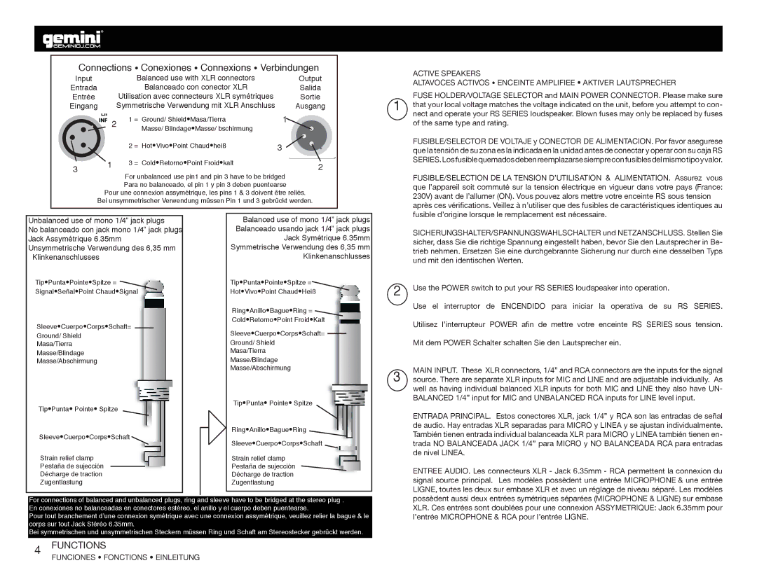 Gemini RS-415USB manual Functions, Funciones Fonctions Einleitung 