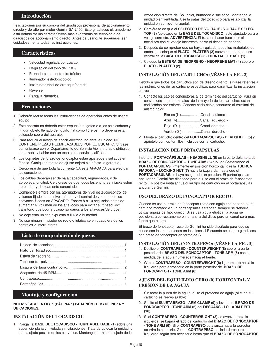 Gemini SA-2400 manual Introducción, Características, Precauciones, Lista de comprobación de piezas, Montaje y configuración 