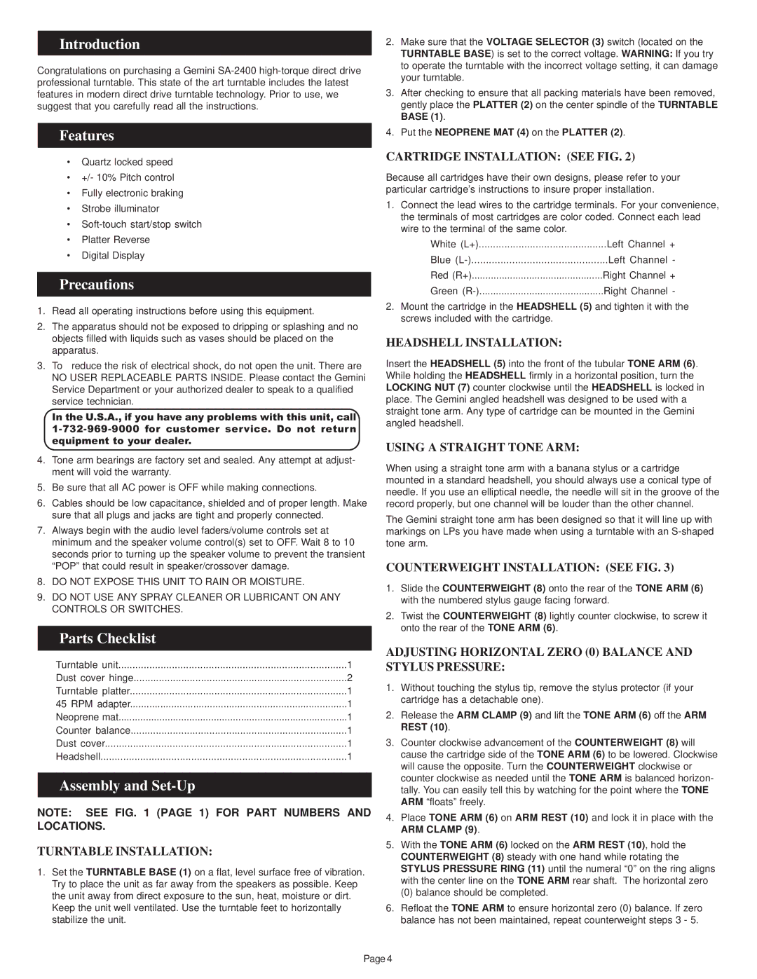 Gemini SA-2400 manual Introduction, Features, Precautions, Parts Checklist, Assembly and Set-Up 