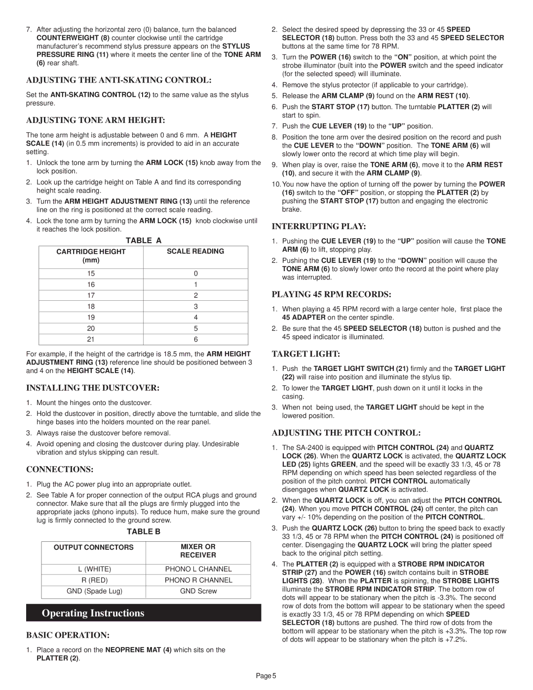 Gemini SA-2400 manual Operating Instructions 