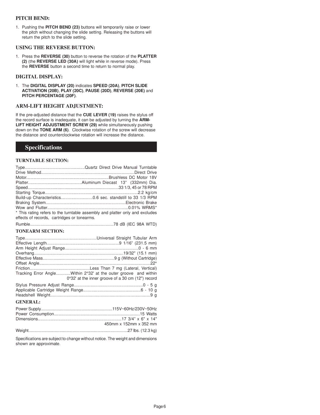 Gemini SA-2400 manual Specifications, Pitch Bend, Using the Reverse Button, Digital Display, ARM-LIFT Height Adjustment 