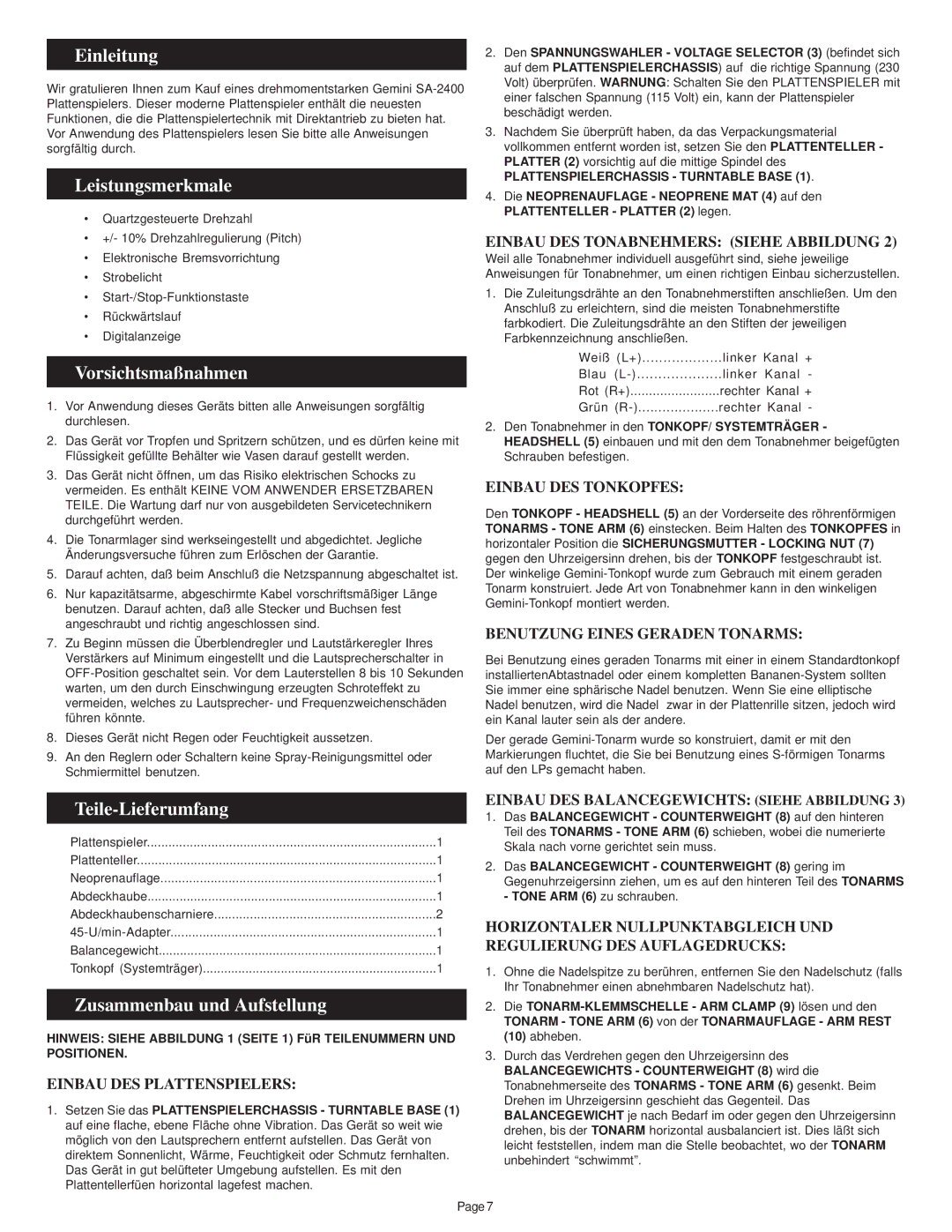 Gemini SA-2400 manual Einleitung, Leistungsmerkmale, Vorsichtsmaßnahmen, Teile-Lieferumfang, Zusammenbau und Aufstellung 