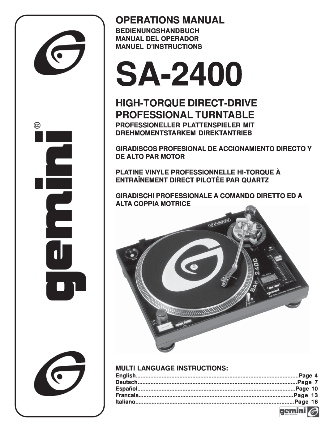 Gemini SA-2400 manual Operations Manual, High-Torque Direct-Drive Professional Turntable 