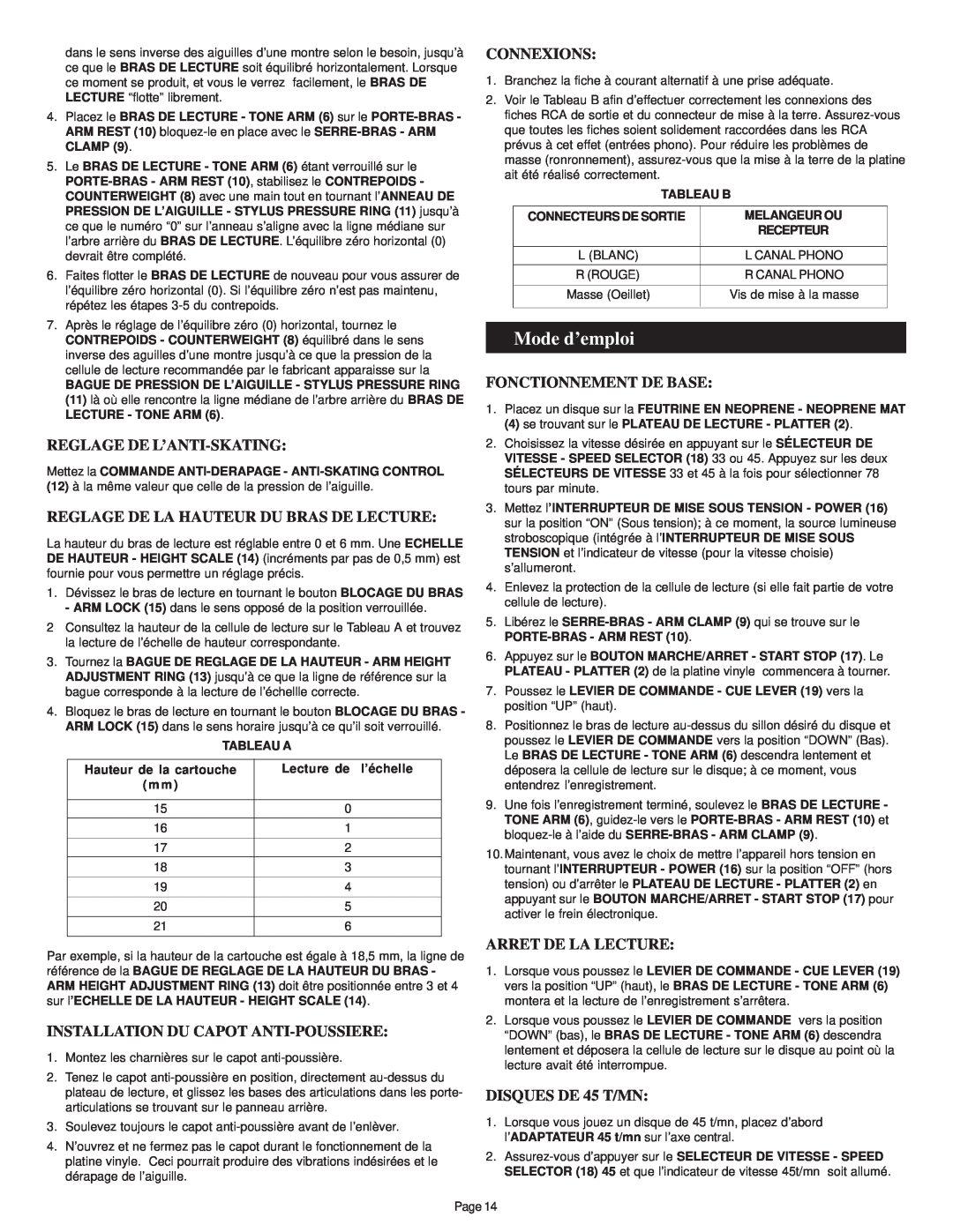 Gemini SA-2400 manual Mode d’emploi, Reglage De L’Anti-Skating, Reglage De La Hauteur Du Bras De Lecture, Connexions 