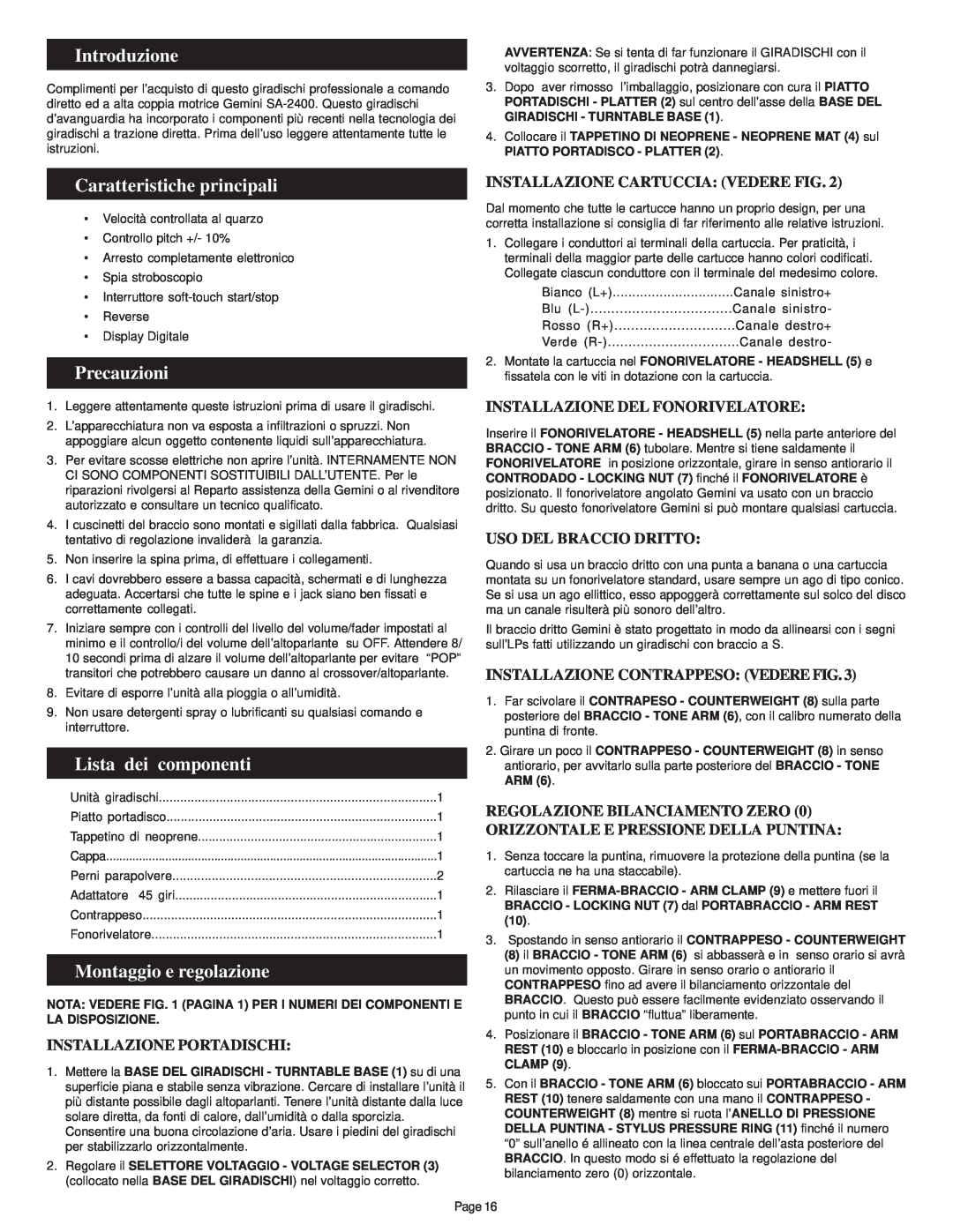 Gemini SA-2400 manual Introduzione, Caratteristiche principali, Precauzioni, Lista dei componenti, Montaggio e regolazione 
